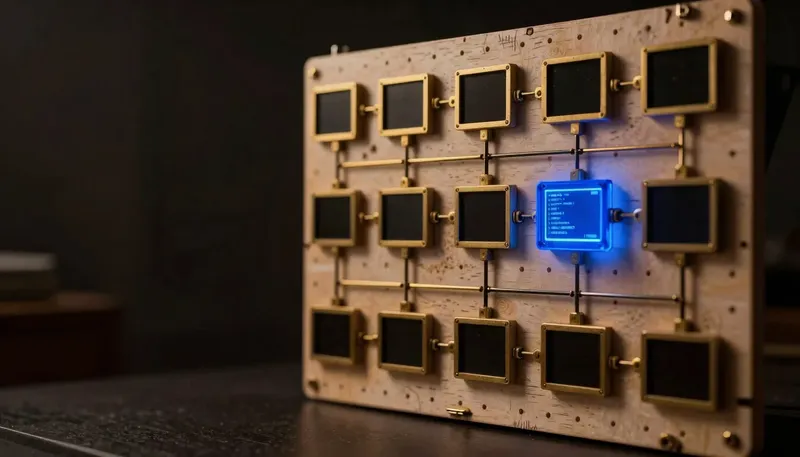A pegboard of brass workflow nodes linked by wires has one node glowing blue, representing an n8n automation treated like a real codebase.