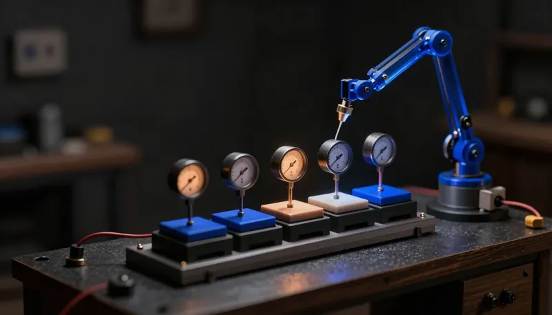 A miniature test rig with a glowing blue arm running fixed sample blocks past swinging gauge needles, showing why an agent without evals is not an agent.