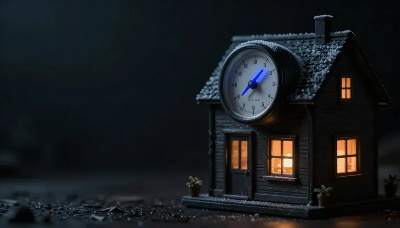 Miniature night diorama: a wall-clock-sized thermostat dial with frost on one side of a model house and heat shimmer on the other, an amber window and one cobalt needle.