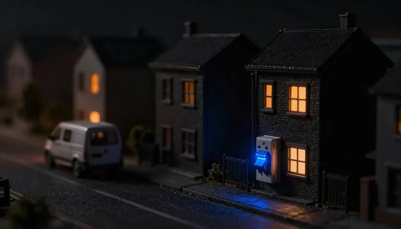 Miniature night diorama of a street of model houses, every house dark except one with a single amber window, an open breaker panel in the foreground with one cobalt breaker glowing, a service van at the kerb.
