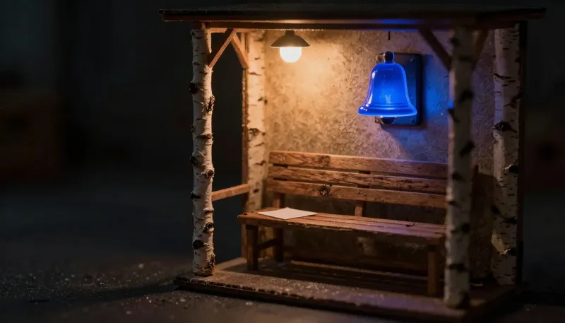 An empty waiting-room seat holds a blank appointment card beneath a glowing blue reminder-bell mechanism, representing no-shows as a software problem.