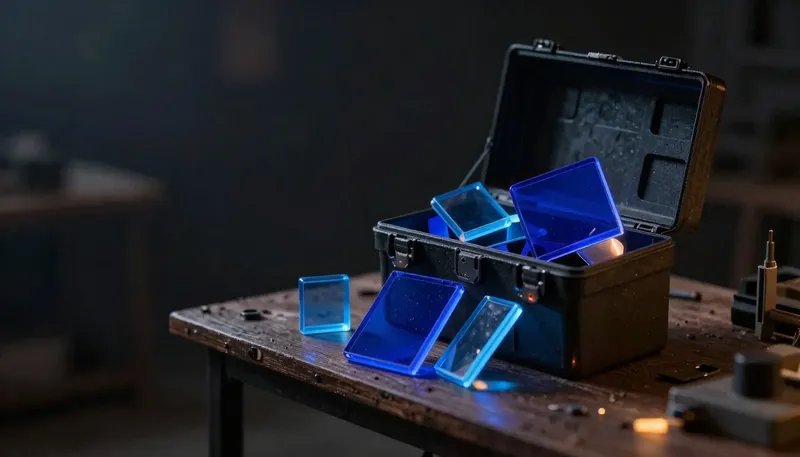 A miniature prefabricated toolbox with compartments too small for the larger parts piling up outside it, the overflow parts in glowing blue acrylic, showing an off-the-shelf tool a business has outgrown.