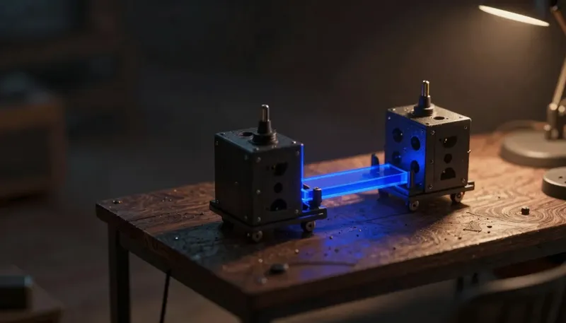 A miniature bench with two similar socket housings bridged by one shared connector rail in glowing blue acrylic, showing the real question is how easily you can move between them later.