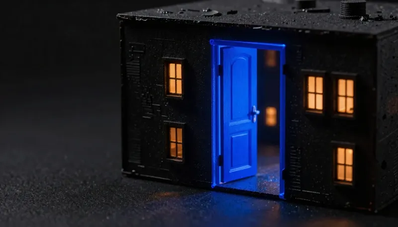 A faceless wooden figurine holds a phone at a desk facing one glowing blue open doorway among many closed ones, representing outbound AI calls working best on a narrow job.