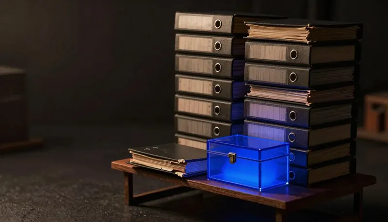 A miniature shelf of ring binders with one torn open and crumbling beside a sealed glowing blue ledger box, showing paper logs failing audits while the sealed record holds.