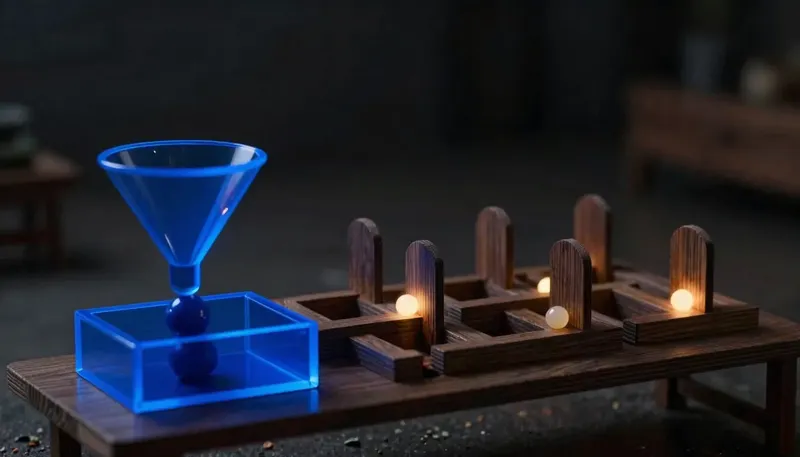 A miniature branching five-gate maze beside a single open funnel that sorts the same marble directly, the funnel in glowing blue acrylic, showing a conversation replacing a forced menu of choices.