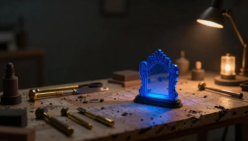 Plain brass tools lie neatly on a workbench beside one ornate glowing blue centerpiece model, representing a boring tech stack with novelty spent on the product.