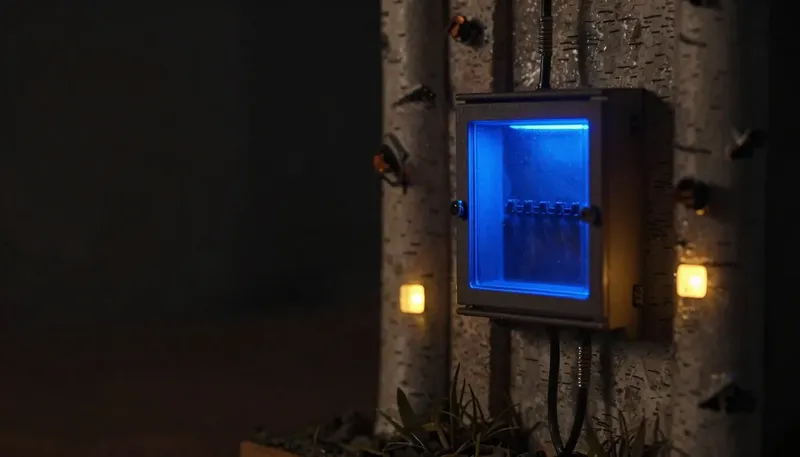 A machine's fuse-box panel glows blue as it trips and resets quietly, representing an AI agent whose failures stay small and boring.