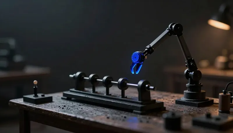 A miniature bench with a fixed repeating cam mechanism beside an articulated arm that changes its motion based on a decision dial, the dial in glowing blue acrylic, showing recorded clicks against real judgment.
