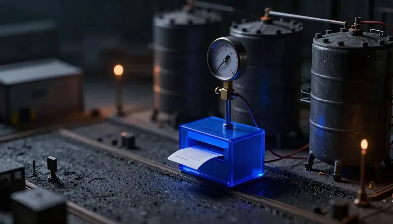 A miniature site model with a tank gauge wired to a glowing blue routing box dispatching a repair ticket, showing sensors alone doing nothing until a system routes the alert.