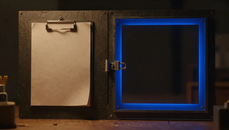 A miniature dusty binder on a hook beside a glowing blue locking sequence bar that enforces steps, showing SOPs nobody reads versus a standard that is actually enforced.