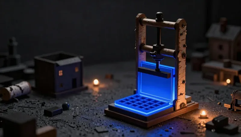 A stamping press forces a blank card through a glowing blue grid-shaped die, representing structured output as a fixed contract.
