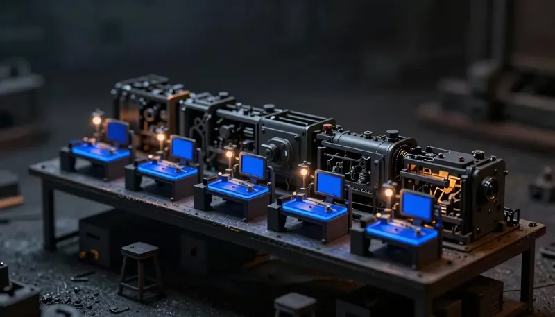 A miniature machine split into labeled sections, each handled at its own dedicated workstation instead of one overloaded bench, the trays in glowing blue acrylic, showing a big job split to stay reliable.