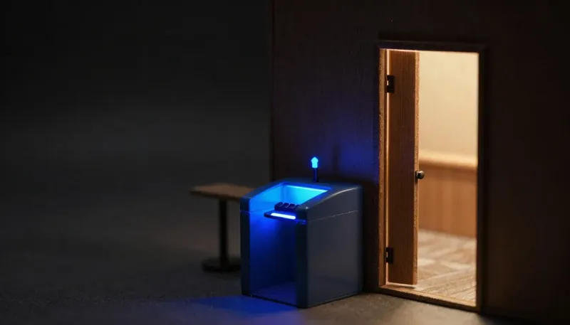 A miniature glowing blue metered turnstile clicking coins into a toll box beside an open unmetered doorway, showing task limits as the signal to leave a no-code tool.