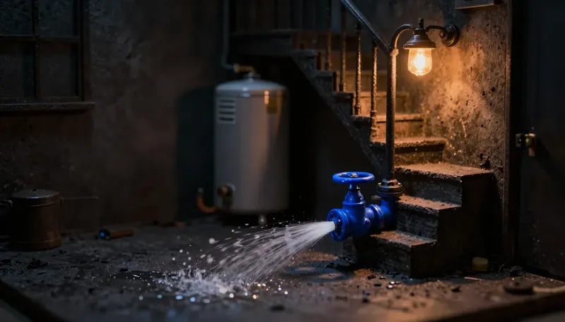 Miniature night diorama of a basement with a burst pipe spraying across the floor, a water heater in the corner, an amber work lamp on the stairs, one cobalt main shut-off valve glowing on the pipe run.