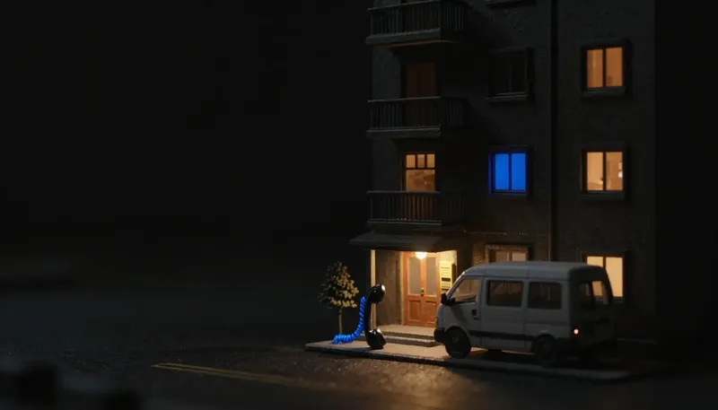 Miniature night diorama: a dark model apartment block with a parked van and a porch phone off the hook, cord cobalt.