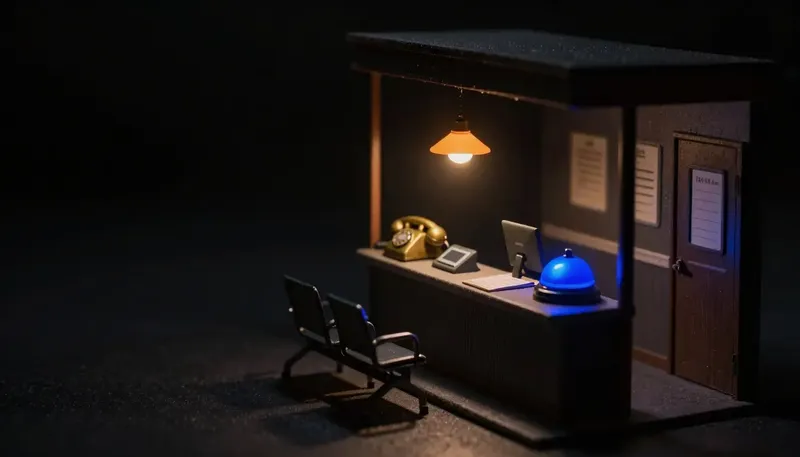 Miniature night diorama: an empty model clinic reception where one brass phone rings, its bell dome glowing cobalt.