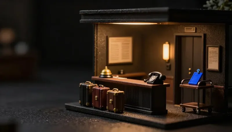 Miniature night diorama: a hotel lobby with queued suitcases, a bell, a phone off its cradle and a housekeeping cart, one cobalt key.