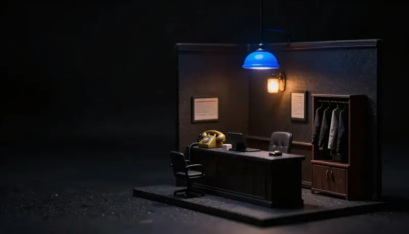 Miniature night diorama: an empty model law-firm lobby with one brass phone ringing, its bell dome glowing cobalt.
