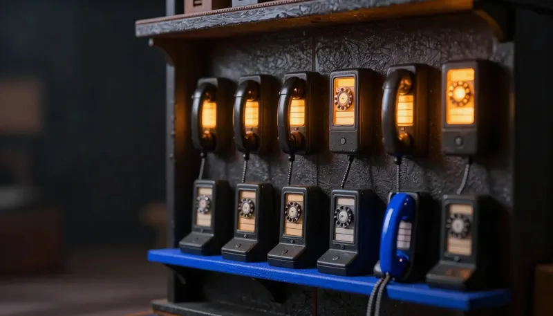 Miniature night diorama: a plumbing-shop wall of ten plain telephone hooks, six handsets hanging missed and glowing amber, four seated, all phone bases completely blank with no labels, a cobalt rail threading toward the missed ones