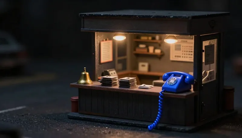 Miniature night diorama: a crowded shop counter of key-tag stacks with a bell and a lifted phone, its cord cobalt.