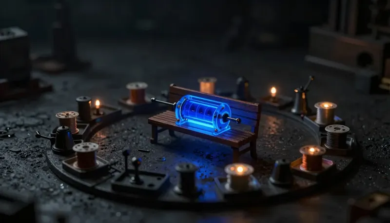A miniature small decision loop dwarfed by a wide ring of retry levers, catch trays and alarm bells built around it, the loop in glowing blue acrylic, showing the loop is small and the handling around it is not.