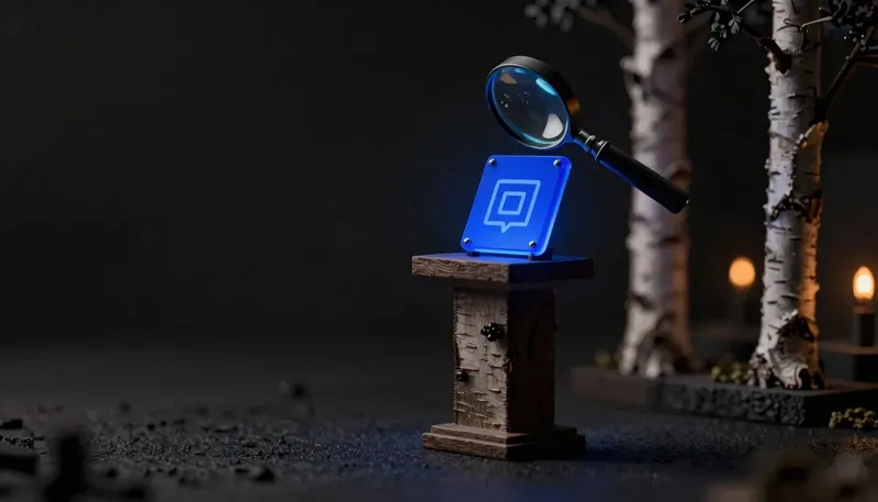 A magnifying loupe inspects a glowing blue app-icon tile on a review podium, representing the App Store as the first auditor a startup meets.