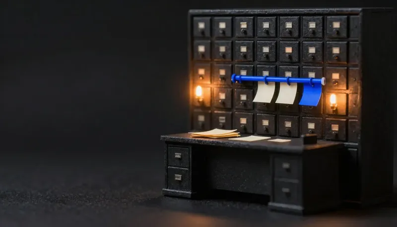 Miniature night diorama: a staffing-office diorama: a gleaming wall of candidate drawers, and beside it a desk buried in sticky-note-like blank slips, one cobalt rail from drawers to desk