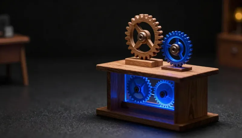 A miniature boardroom table with one disconnected showpiece gear beside a glowing blue gear properly meshed into a working train, showing a system, not a demo.