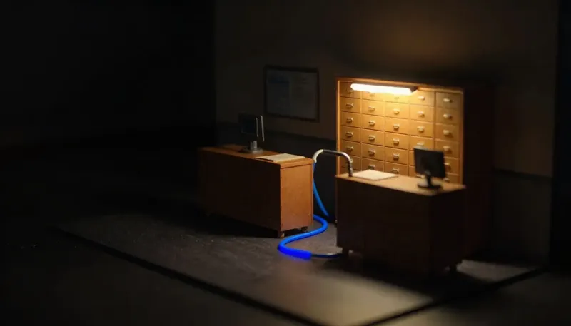 Miniature night diorama: two chart-drawer banks apart on a dark floor with a slack cobalt cable lying between them.