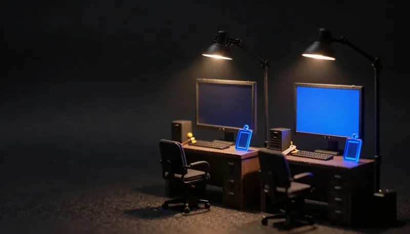 Two identical faceless wooden figurines with matching glowing blue badges stand at a workbench, one under a spotlight, representing the interviewed engineer being the one who joins.