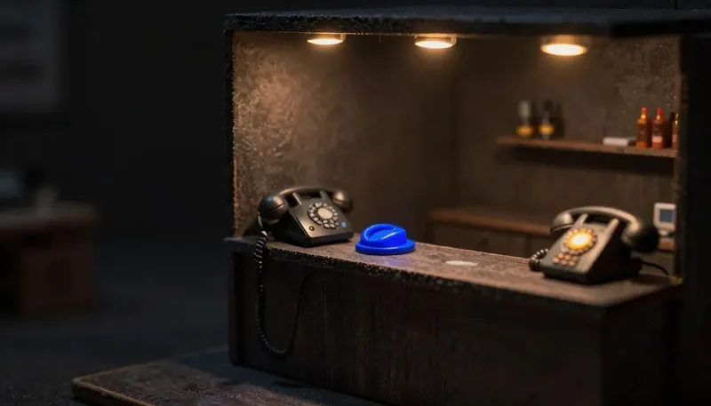 Miniature night diorama: a dental-office diorama: three phones on the reception counter, one handset off the hook and dark, two glowing amber, a cobalt cradle waiting