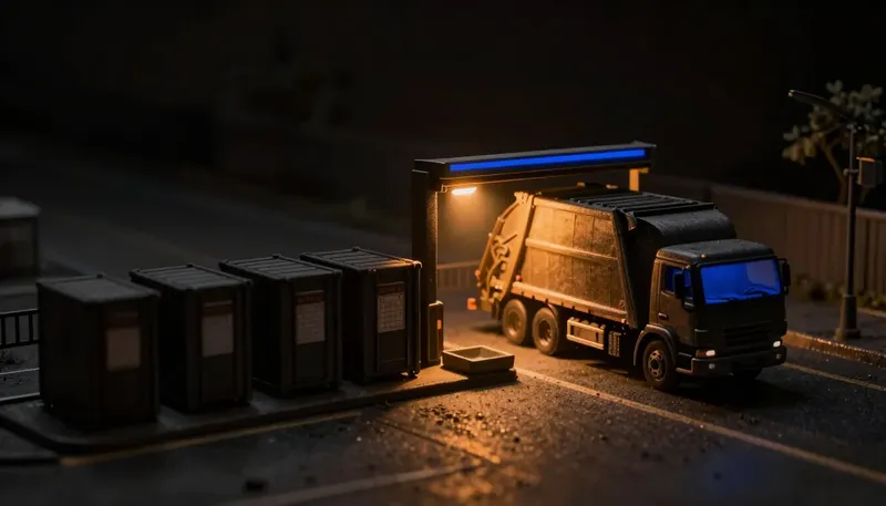 Miniature night diorama: a transfer-station diorama at dawn-dark: a garbage truck leaving through the gate, a row of emptied containers, one unlit invoice tray, the weighbridge glowing cobalt