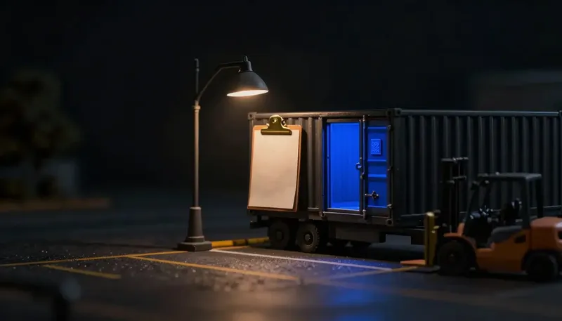 Miniature night diorama: a loading dock with a container on a trailer, a forklift and an empty clipboard hook, the container seal cobalt.