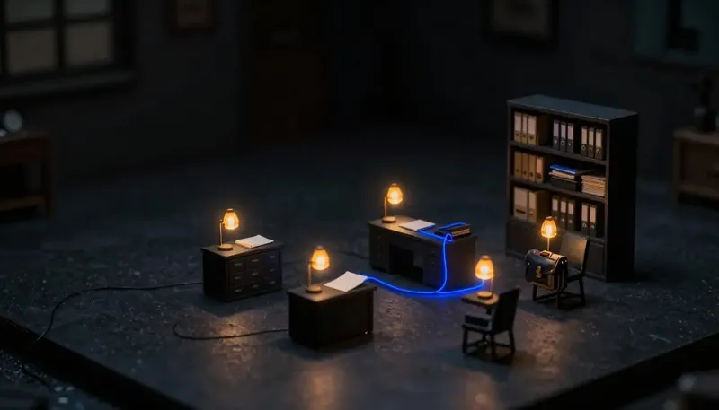 Miniature night diorama: six scattered file caches across a model law office joined by a single cobalt thread.