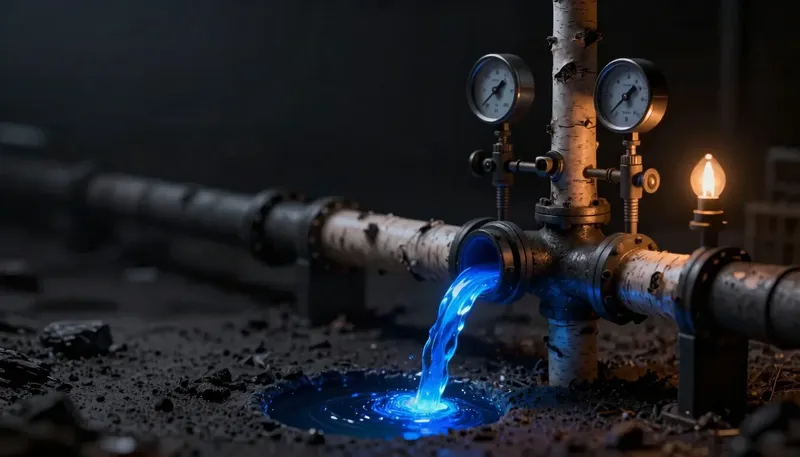 A pipeline with pressure gauges splits into two outlets, one capped and one flowing in glowing blue, representing the overlooked second finding in MIT's AI failure study.
