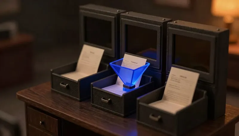 A miniature office with three mismatched carbon-copy ledger trays feeding one reconciling funnel that merges them into a clean sheet, the funnel in glowing blue acrylic, showing a backlog made of duplicate files.