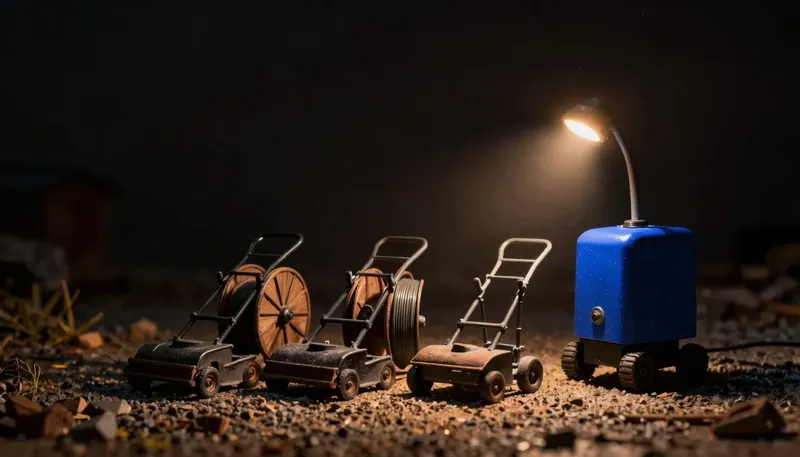 Miniature night diorama: a landscaping-yard diorama: mowers parked in amber light, a quote sheet pinned under a truck wiper aging through three moon phases in multiple exposure, a cobalt estimate press idle in the shop