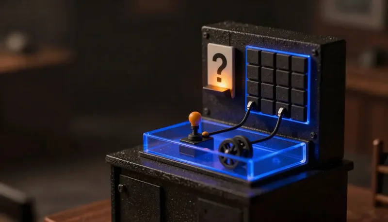 A miniature front desk switchboard splitting one incoming call into a question slot, a calendar wheel and a department chute, the routing box in glowing blue acrylic, showing reception as intake and routing, not just answering.