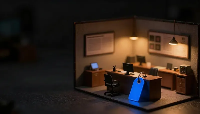 Miniature night diorama: an empty model brokerage office where one unclaimed key tag on the desk glows cobalt.
