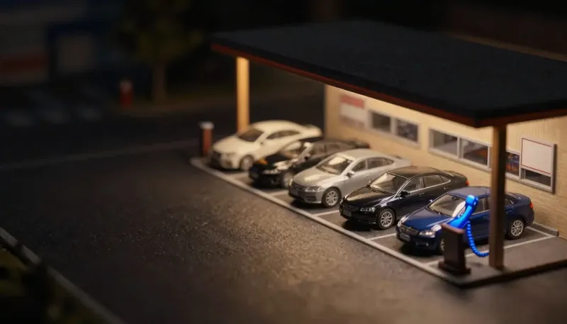 Miniature night diorama: a dealership service drive of queued cars with a podium phone off the hook, cord glowing cobalt.