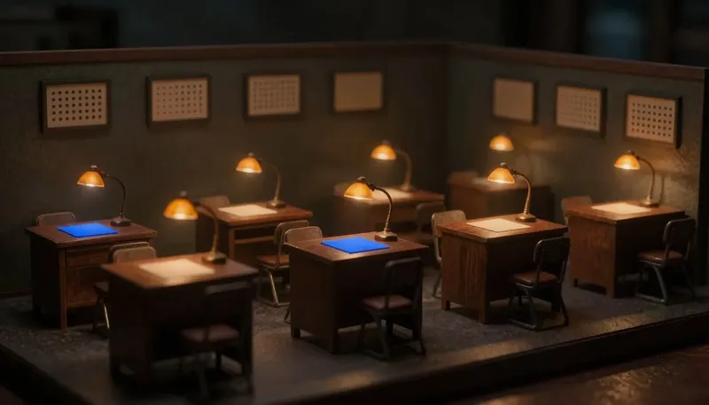 Miniature night diorama: a dispatch-office diorama: five desks in a row, the same blank shipment page on each, amber lamps, a single cobalt rail bypassing all five