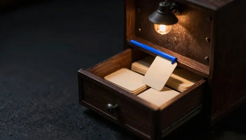 Miniature night diorama: a site-office diorama: a drawer overflowing with blank time-and-material tickets like fallen leaves, amber lamp, a cobalt rail lifting one ticket out