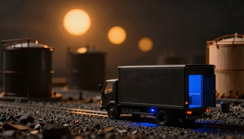 Miniature night diorama: a field-truck diorama: a blank ticket on the dashboard of a parked truck at a tank battery, three amber suns arcing overhead in multiple exposure, a cobalt rail waiting at the office door