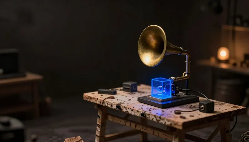 A brass horn speaker sits on a plain platform stand beside a separate glowing blue mechanism, representing the voice platform as distinct from the real product.