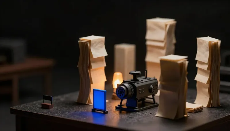 Miniature night diorama: a clinic diorama: a back office where blank forms stack toward the ceiling around a fax-like machine, amber lamp, one cobalt approval gate standing unused