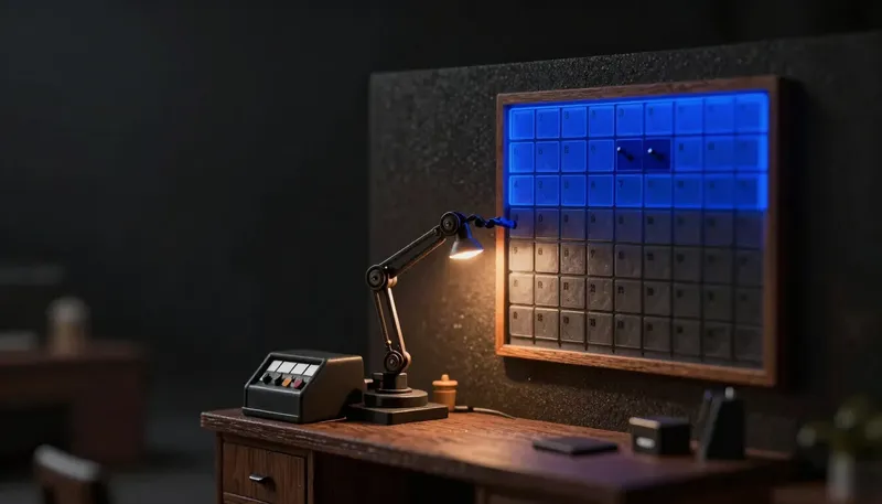 A miniature bench with a call-tally counter beside a calendar where a mechanical arm pins an actual booking into a dated slot, the calendar mechanism in glowing blue acrylic, showing bookings as the real measure.