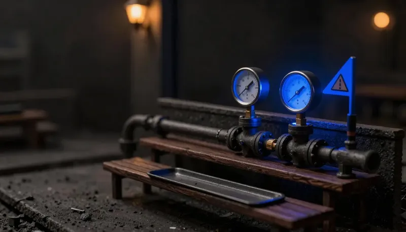 A miniature pipe run with a silently disconnected joint feeding an empty tray, beside a matching joint fitted with a pressure gauge and warning flag in glowing blue acrylic, showing a break designed to be noticed.