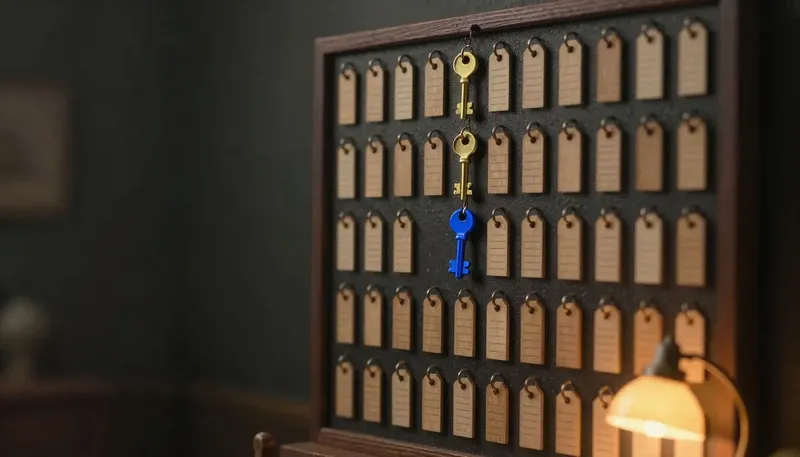 Miniature night diorama: a property-office diorama: a key wall of three hundred tags, a single desk beneath it drowned in blank work orders, one cobalt rail lifting an order to the wall