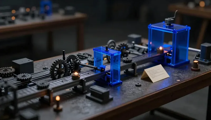 A miniature workbench dominated by a large multi-station rig of gears and conveyors, with one small instruction card tucked in a corner, the rig in glowing blue acrylic, showing the prompt as the smallest file in the build.